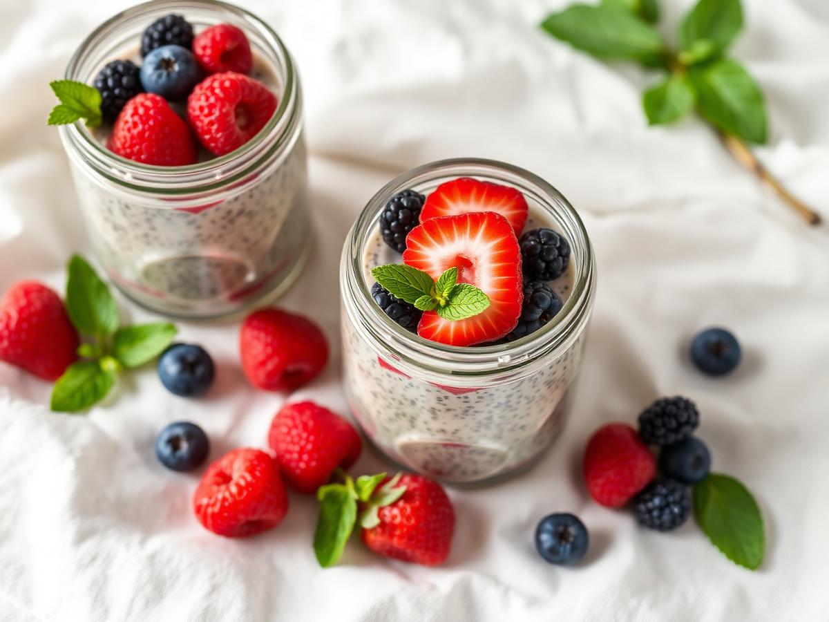 Glass of glossy dark chocolate chia pudding topped with fresh raspberries and cocoa nibs