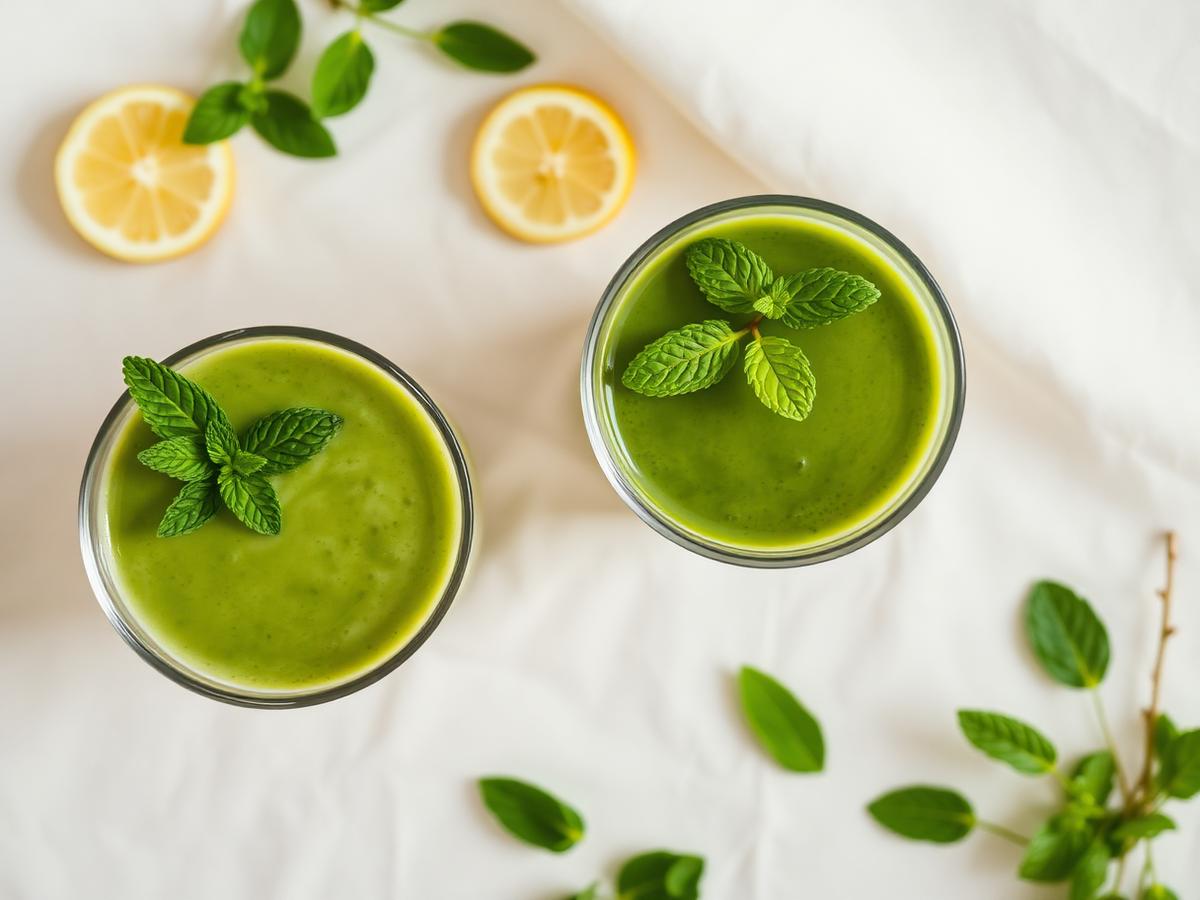 Tall glass of bright green matcha banana smoothie with a frothy top, sitting beside a small bowl of matcha powder