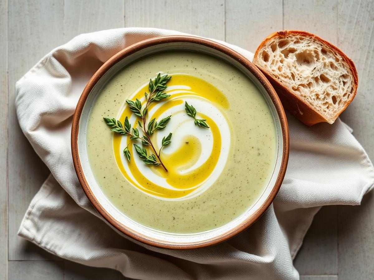 Bowl of velvety pale-green zucchini and basil soup drizzled with olive oil and topped with fresh basil
